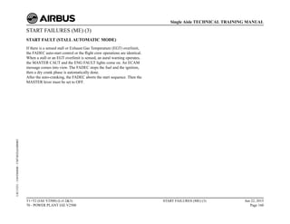 START FAILURES (ME) (3)
START FAULT (STALL AUTOMATIC MODE)
If there is a sensed stall or Exhaust Gas Temperature (EGT) overlimit,
the FADEC auto-start control or the flight crew operations are identical.
When a stall or an EGT overlimit is sensed, an aural warning operates,
the MASTER CAUT and the ENG FAULT lights come on. An ECAM
message comes into view. The FADEC stops the fuel and the ignition,
then a dry crank phase is automatically done.
After the auto-cranking, the FADEC aborts the start sequence. Then the
MASTER lever must be set to OFF.
T1+T2 (IAE V2500) (Lvl 2&3)
70 - POWER PLANT IAE V2500
START FAILURES (ME) (3) Jun 22, 2015
Page 160
Single Aisle TECHNICAL TRAINING MANUAL
UJC15251
-
U04T0MM0
-
UM74D2IAE000003
 