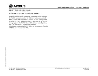 START FAILURES (US) (3)
START FAULT (STALL AUTOMATIC MODE)
In case of detected stall or Exhaust Gas Temperature (EGT) overlimit,
the FADEC auto start control or the flight crew actions are identical.
When a stall or an EGT overlimit is detected, an aural warning sounds,
the MASTER CAUT and the ENG FAULT light come on. An ECAM
message appears. The FADEC shuts off the fuel and turn off ignition,
then a dry crank phase is automatically performed.
After the auto cranking, the FADEC aborts the start sequence. Then the
MASTER lever must be set to OFF.
T1+T2 (IAE V2500) (Lvl 2&3)
70 - POWER PLANT IAE V2500
START FAILURES (US) (3) Jun 22, 2015
Page 188
Single Aisle TECHNICAL TRAINING MANUAL
UJC15251
-
U04T0MM0
-
UM74D2IAE000004
 