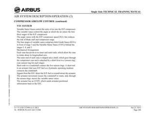 AIR SYSTEM DESCRIPTION/OPERATION (3)
COMPRESSOR AIRFLOW CONTROL (continued)
VSV SYSTEM
Variable StatorVanes control the entry of air into the H.P. compressor.
The variable vanes control the angle at which the air enters the first
three stages of the H.P. compressor.
The angle varies with the H.P. compressor speed (N2); this reduces
the risk of blade stall and compressor surge.
The four stages of variable vanes comprises Inlet GuideVanes (IGVs)
in front of stage 3 and the Variable Stator Vanes (VSVs) behind the
stages 3, 4, and 5.
Mechanical Arrangement
Each vane has pivots at its inner and outer ends, which allow the vane
to rotate about its longitudinal axis.
The outer end of each vane is shaped into a shaft, which goes through
the compressor case and is attached by a short lever to a 'unison ring',
(one unison ring for each stage).
Short rods to a crankshaft connect the five unison rings. A short rod
to an actuator that uses H.P. fuel as a hydraulic operating medium
connects the crankshaft.
Signals from the EEC direct the H.P. fuel to extend/retract the actuator.
The actuator movement causes the crankshaft to rotate, and, through
the unison rings, moves the variable stator vanes.
The actuator has an LVDT, which sends actuator positional
information back to the EEC.
T1+T2 (IAE V2500) (Lvl 2&3)
70 - POWER PLANT IAE V2500
AIR SYSTEM DESCRIPTION/OPERATION (3) Jun 22, 2015
Page 208
Single Aisle TECHNICAL TRAINING MANUAL
UJC15251
-
U04T0MM0
-
UM75P1IAE000002
 