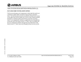 AIR SYSTEM DESCRIPTION/OPERATION (3)
FAN AND CORE VENTILATION ZONES
The fan case and engine core compartments, which make the nacelle, are
ventilated to supply airflow around the engine during its operation.
Zone 1: the fan case and accessories are cooled by air taken in by a scoop
on the upper side of the air intake cowl. The air is then vented overboard
through two ventilation grilles at the bottom of each fan cowl door.
Zone 2: core compartment ventilation is supplied by fan air through holes
in the inner wall of the thrust reverser "C" ducts. The air circulates into
the core compartment and flows through the lower bifurcation of the
thrust reverser "C" ducts, then exits through the thrust recovery nozzle.
T1+T2 (IAE V2500) (Lvl 2&3)
70 - POWER PLANT IAE V2500
AIR SYSTEM DESCRIPTION/OPERATION (3) Jun 22, 2015
Page 216
Single Aisle TECHNICAL TRAINING MANUAL
UJC15251
-
U04T0MM0
-
UM75P1IAE000002
 