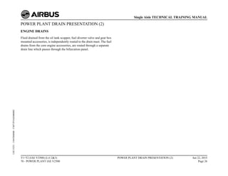 POWER PLANT DRAIN PRESENTATION (2)
ENGINE DRAINS
Fluid drained from the oil tank scupper, fuel diverter valve and gear box
mounted accessories, is independently routed to the drain mast. The fuel
drains from the core engine accessories, are routed through a separate
drain line which passes through the bifurcation panel.
T1+T2 (IAE V2500) (Lvl 2&3)
70 - POWER PLANT IAE V2500
POWER PLANT DRAIN PRESENTATION (2) Jun 22, 2015
Page 26
Single Aisle TECHNICAL TRAINING MANUAL
UJC15251
-
U04T0MM0
-
UM71P1IAE000002
 