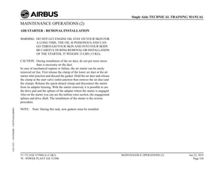MAINTENANCE OPERATIONS (2)
AIR STARTER - REMOVAL/INSTALLATION
WARNING: DO NOT LET ENGINE OIL STAY ONYOUR SKIN FOR
A LONG TIME, THE OIL IS POISONOUS AND CAN
GO THROUGH YOUR SKIN AND INTO YOUR BODY.
BE CAREFUL DURING REMOVAL OR INSTALLATION
OF THE STARTER, IT WEIGHS 33 LBS (15 KG).
CAUTION: During installation of the air duct, do not put more stress
than is necessary on the duct.
In case of mechanical rupture or failure, the air starter can be easily
removed on line. First release the clamp of the lower air duct at the air
starter inlet junction and discard the gasket. Hold the air duct and release
the clamp at the start valve outlet junction then remove the air duct and
the clamps. Release the quick-detach clamp and disconnect the starter
from its adapter housing. With the starter removed, it is possible to see
the drive pad and the splines of the adapter where the starter is engaged.
Also on the starter you can see the turbine rotor section, the engagement
splines and drive shaft. The installation of the starter is the reverse
procedure.
NOTE: Note: During this task, new gaskets must be installed.
T1+T2 (IAE V2500) (Lvl 2&3)
70 - POWER PLANT IAE V2500
MAINTENANCE OPERATIONS (2) Jun 22, 2015
Page 336
Single Aisle TECHNICAL TRAINING MANUAL
UJC15251
-
U04T0MM0
-
UM70Y6IAE000001
 