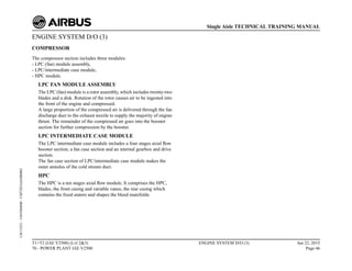 ENGINE SYSTEM D/O (3)
COMPRESSOR
The compressor section includes three modules:
- LPC (fan) module assembly,
- LPC/intermediate case module,
- HPC module.
LPC FAN MODULE ASSEMBLY
The LPC (fan) module is a rotor assembly, which includes twenty-two
blades and a disk. Rotation of the rotor causes air to be ingested into
the front of the engine and compressed.
A large proportion of the compressed air is delivered through the fan
discharge duct to the exhaust nozzle to supply the majority of engine
thrust. The remainder of the compressed air goes into the booster
section for further compression by the booster.
LPC INTERMEDIATE CASE MODULE
The LPC intermediate case module includes a four stages axial flow
booster section, a fan case section and an internal gearbox and drive
section.
The fan case section of LPC/intermediate case module makes the
outer annulus of the cold stream duct.
HPC
The HPC is a ten stages axial flow module. It comprises the HPC,
blades, the front casing and variable vanes, the rear casing which
contains the fixed stators and shapes the bleed manifolds.
T1+T2 (IAE V2500) (Lvl 2&3)
70 - POWER PLANT IAE V2500
ENGINE SYSTEM D/O (3) Jun 22, 2015
Page 46
Single Aisle TECHNICAL TRAINING MANUAL
UJC15251
-
U04T0MM0
-
UM72D1IAE000002
 