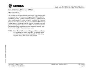 ENGINE FUEL SYSTEM D/O (3)
METERED FUEL
The fuel from the fuel pump assembly goes through a fuel metering valve,
an overspeed valve and a pressure raising and Shut-Off Valve (SOV)
included in the FMU. The fuel flow is then routed to a fuel distribution
valve, which supplies 20 nozzles through 10 manifolds. The Electronic
Engine Control (EEC) controls the valves included in the FMU through
Torque Motors (TMs) to carry out fuel metering, overspeed protection,
pressure raising and shut-off functions. A flow adjuster installed below
the metering valve is used for the fuel flow adjustment between "high
flow" and "normal flow" by a maintenance action.
NOTE: Note: The LP SOV, pressure raising and SOV close when the
ENGine MASTER lever is set to OFF. The pressure raising
and SOV could be automatically closed by the EEC, during
auto start only, to abort in case of an incident.
T1+T2 (IAE V2500) (Lvl 2&3)
70 - POWER PLANT IAE V2500
ENGINE FUEL SYSTEM D/O (3) Jun 22, 2015
Page 60
Single Aisle TECHNICAL TRAINING MANUAL
UJC15251
-
U04T0MM0
-
UM73D1IAE000002
 