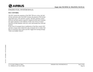 ENGINE FUEL SYSTEM D/O (3)
EEC CONTROL
The EEC controls the operation of the FMU TM servo valves, the fuel
diverter and return valve, theACOC actuator, the actuators of the booster
stage bleed valve, VSV and ACC systems. The EEC performs control
functions and fault analysis required to regulate the fuel and to maintain
the engine operation in all conditions. In the event of loss of control
functions on both channels, each servo valve and actuator has a fail-safe
position.
In the event of overspeed, due to malfunction of fuel flow control, EEC
activates a torque motor which drives the overspeed valve to reduce fuel
flow to a minimum value. In this case EEC triggers the warning message:
"ENG 1(2) FADEC FAULT".
T1+T2 (IAE V2500) (Lvl 2&3)
70 - POWER PLANT IAE V2500
ENGINE FUEL SYSTEM D/O (3) Jun 22, 2015
Page 66
Single Aisle TECHNICAL TRAINING MANUAL
UJC15251
-
U04T0MM0
-
UM73D1IAE000002
 