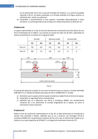 Curso 2011-2012 Escuela Politécnica Superior – Universidad de Alicante
44 70 PROBLEMAS DE HORMIGÓN ARMADO
les ha descontado 10 cm de la capa de hormigón de limpieza, y su canto ha quedado
reducido a 50 cm. Se desea comprobar si el armado indicado en la figura anterior es
suficiente para resistir sus esfuerzos.
d) Comprobar a punzonamiento la losa superior, armándola adecuadamente si fuera
necesario. La cuantía geométrica de armadura en ambas direcciones es del 8 por mil.
Problema 66
La zapata representada en la Fig. 63 sirve de elemento de cimentación para dos pilares de uno
de los entramados de un edificio. Las acciones en la base de cada uno de ellos, expresadas en
valores característicos, se indican en la siguiente tabla:
Axil (kN) Momento (mkN) Cortante (kN)
(G) (Q) (G) (Q) (G) (Q)
Pilar nº1 720 325 255 210 25 12
Pilar nº2 380 175 120 110 15 8
El sustrato de apoyo de la zapata es una arena limosa de la que se conoce su tensión admisible
(180 kN/m2
) y su módulo de balasto para placa de 30 cm (42000 kN/m3
). Se pide:
a) Demostrar que la zapata anterior puede considerarse rígida frente al terreno de apoyo.
b) Comprobar su seguridad frente a hundimiento.
c) Sabiendo que va a fabricarse con HA-25 y armaduras B500S, con recubrimiento
mecánico de 5 cm, determinar el armado longitudinal de la zapata, así como el
transversal si fuese necesario.
Problema 67
Dado el muro de contención representado en la Fig. 64, se pide dimensionar el armado de la
sección más solicitada a flexión, sabiendo que se va a construir con hormigón HA-30 y
armaduras B500S (con recubrimiento mecánico de 4,5 cm) y que el material del trasdós es un
relleno con un peso específico de 20 kN/m3
y un ángulo de rozamiento interno de 33°.
6,70 (× 2,20 m de ancho)
0,5
N1
V1
Gzapata
M1
3,80
0,50 m
N2
V2
M2
0,35 m
1,60 1,30
Fig. 63
 