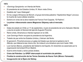 1972


«Domingo Sangriento» en Irlanda del Norte.



El presidente de los Estados Unidos, R. Nixon visita China.



Estallido del “caso Watergate”.



En los Juegos Olímpicos de Múnich, el grupo terrorista palestino “Septiembre Negro” provoca
la muerte de nueve atletas israelíes.



Estreno en cines de la obra maestra de Francis Ford Coppola, “El Padrino”.



La primer videoconsola casera Magnavox Odyssey sale al mercado.

1973


Golpe de estado en Chile un 11 de septiembre, muere el presidente de turno Salvador Allende
y asume el poder el General del ejercito Augusto Pinochet.



Reino Unido, Dinamarca e Irlanda ingresan en la CEE.



Juan Domingo Perón recupera la presidencia de Argentina.



Tratado de paz entre los Estados Unidos y Vietnam del Norte.



El general A. Pinochet provoca un golpe de Estado que derrocó el gobierno de S.
Allende, que fallecería ese mismo día. Se instauró una dictadura que duró hasta 1990.



Luis Carrero Blanco, presidente del Gobierno de España. En diciembre es asesinado por la
organización terrorista ETA en Madrid.



Guerra entre Israel y varios países árabes.



Crisis del Petróleo: La OPEP interrumpió el suministro de petróleo.



Finaliza la construcción de las Torres Gemelas de Nueva York (Minoru Yamasaki).



Inauguración de la Ópera de Sidney.

 