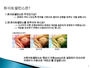 화이트밸런스란?31.화이트밸런스란 무엇인가요? -> 원래의 색이 나오도록 흰색을 기준으로 컬러의 균형을 맞추는 것을 말합니다.2.왜 화이트밸런스를 맞추어야 하나요?  -> 시시각각 다른 조명상태에서 원래의 색감을 일관되게 표현하기 위함입니다.              -> 색감을 강조하기 위해서 사용되어지기도 합니다.             그림)색온도의 차이              백열등                         평균주광                           형광등※화이트밸런스는 평상시 자동(auto)으로 설정되어 있으므로 카메라가 자동으로 ‘색온도’를 조절합니다.