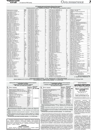 14 вересня 2012 року                                                                            Оголошення                                                                       7
                                                            Арбітражний керуючий Звєздічев Максим Олександрович
                                                                 ПРОВОДИТЬ АУКЦІОН БЕЗ ОГОЛОШЕННЯ ЦІНИ
                                          з продажу рухомого майна підприємства-банкрута ТОВ “Черкаський деревообробний комбінат”

                                      Наяв-    1403 Підшипник 100704 шт.              20        1909 Підшипник 60305(300*) шт.            30        344Верстат для випробув.
Найменування матеріалу                                                                                                                                                                                 1
                                      ність    1404 Підшипник 106 шт.                 6         1912 Підшипник 60307(200*) шт.            28        нажджруг. СИП-800
2145 Свердла ф 3.8(2000*) шт.         260      1405 Підшипник 107 шт.                 90        24824 Підшипник 6303 шт.                  6         1808Верстат кромкооблицювальний
                                                                                                                                                                                                       1
2196 Свердла ф 5.6 шт.                170      1406 Підшипник 108 шт.                 121       1916 Підшипник 66408 шт.                  2         СМ-68
2198 Свердла ф 6.2 шт.                60       1407 Підшипник 109 шт.                 3         1917 Підшипник 67510 шт.                  2         768Верстат кругопил. ЦПА-40                        1
2207 Свердла ф 7.0(5000*) шт.         170      1408 Підшипник 110 шт.                 43        1918 Підшипник 67714 шт.                  1         329Верстат ЦТ65 круглопильний
                                                                                                                                                                                                       1
2231 Свердла ф 9.0 шт.                14       1415 Підшипник 11214 шт.               2         947 Підшипник 7000102 шт.                 40        з кареткою
24469 Свердла шт.                     84       1418 Підшипник 11305 шт.               55        1919 Підшипник 7000106 шт.                2         1709Верстат шипорізний                             1
60461 Свердел 16,0ц/х шт.             1        1421 Підшипник 11313 шт.               12        1920 Підшипник 7000107 шт.                4         2355Верстат шипорізний                             1
54956 Свердла Ф20,0 к/х шт.           2        1424 Підшипник 115 шт.                 15        1921 Підшипник 7000110 шт.                6         560Лаконаливна машина ЛМ-140                       1
2086 Ножі 110*32*6(100*) шт.          55       1426 Підшипник 11606 шт.               44        24861 Підшипник 705 шт.                   12        403Лінія “Хомаг”                                   1
2089 Ножі 200*40*3(200*) шт.          65       1428 Підшипник 118 шт.                 2         35965 Підшипник 708108 шт.                5         2113Лінія для розкрою ДСП
                                                                                                                                                                                                       1
                                               1440 Підшипник 1213 шт.                10        1924 Підшипник 7209 шт.                   4         DС 10/10 GR “МасМАZZА”
2084 Ножі 40*32*6 шт.                 46
                                               1441 Підшипник 1215 шт.                10        1932 Підшипник 7313 шт.                   1         1931Лісорама 2Р-75-А                               1
2085 Ножі 90*32*6(100*) шт.           97
                                               1443 Підшипник 1217 шт.                5         1935 Підшипник 7509 шт.                   17        1466Модуль твердопаливний(обігрівач)-1             1
2094 Ножі рубильні шт.                30
                                               1444 Підшипник 1218 шт.                15        1942 Підшипник 7604 шт.                   20        1467Модуль твердопаливний(обігрівач)-2             1
2277 Фреза п/д 180*60*50 шт.          23
                                               1445 Підшипник 12204 шт.               2         1946 Підшипник 7807 шт.                   11        1673Верстат токарний (2)                           1
2278 Фреза п/д 200*50*10*2 шт.        75
                                               465 Підшипник 1314 шт.                 10        1950 Підшипник 80107 шт.                  2         2998Компресор РМ-3127                              1
2279 Фреза п/д 200*60**6 шт.          52
                                               1456 Підшипник 150208 шт.              20        1949 Підшипник 80-1213 шт.                9         3026 Верстат торцевий з кареткою                   1
2283 Фреза шп.ф3.0 шт.                80
                                               1457 Підшипник 1506 шт.                16        27081 Підшипник 80205 шт.                 2         2329 Вайма ел. пневматична (2)                     1
2271 Фреза ком.лож. 5*50 шт.          46
                                               1459 Підшипник 1509 шт.                2         1951 Підшипник 80210 шт.                  7         2330 Вайма ел. пневматична (3)                     1
2268 Фреза ком.лож. ф10 шт.           171
                                               1461 Підшипник 1517 шт.                49        35961 Підшипник 80-8105 шт.               6         2331 Вайма ел. пневматична (4)                     1
2269 Фреза ком.лож. ф12 шт.           95
                                               30493 Підшипник 180101 шт.             30        1954 Підшипник 808209 шт.                 10        2987 Станок ножеточильный ТЧН 21-4                 1
2270 Фреза ком.лож. ф16 шт.           25
                                               1465 Підшипник 180206(100*) шт.        32        1171 Підшипник 8105 шт.                   85        2892 Електрокара ЕП 011                            1
2285 Фрези 10.12 шт.                  24
                                               1471 Підшипник 180505 шт.              62        1959 Підшипник 8112 шт.                   5         40346 Плита для преса шт.                          6
48236 Верстат токарно-
                                      1                                                                                                             43517 Пресс LEIPZIG шт.                            1
гвинторізний 95ТС-1 шт.                        35968 Підшипник 1904 шт.               10        1960 Підшипник 8115 шт.                   6
2207 Свердла ф 7.0(5000*) шт.         5472     1475 Підшипник 192906 шт.              5         1961 Підшипник 8116 шт.                   2         32136 Заготовки із дер.тверд.
                                                                                                                                                                                                       5,229
                                                                                                                                                    порід для пар.22мм.(д220) куб.м
42083 Пила дискова ф600 шт.           1        1477 Підшипник 2007116 шт.             6         1962 Підшипник 8117 шт.                   3
                                                                                                                                                    32134 Заготовки із дер.тверд.порід
41339 Сверлилка шт.                   1        1486 Підшипник 215 шт.                 53        1963 Підшипник 8118 шт.                   5                                                            1,799
                                                                                                                                                    для пар.22мм.(д370.420) куб.м
41942 Головка ділительна шт.          2        32754 Підшипник 219 шт.                1         344 Підшипник 8126 шт.                    3         32133 Заготовки із дер.тверд.
47015 Пила LМ 47M ф250*70 шт.         11       35969 Підшипник 220 шт.                3         1964 Підшипник 8128 шт.                   4                                                            8,901
                                                                                                                                                    порід для пар.28мм.(д220) куб.м
2255 Фреза ком. ф25.0 шт.             328      1489 Підшипник 2214 шт.                4         1967 Підшипник 8209 шт.                   16        33480 Заготовки паркету штучного
2282 Фреза фіг. шт.                   2        1490 Підшипник 2216 шт.                2         1182 Підшипник 8211 шт.                   2                                                            4,163
                                                                                                                                                    (220-180мм. 27.28мм.) куб.м
42301 Фреза модульная шт.             4        1491 Підшипник 2226 шт.                11        1969 Підшипник 8213 шт.                   2         32961 Заготовки паркету
53529 Фреза .д/о 180*6 шт.            161      1492 Підшипник 226706 шт.              9         1780 Підшипник 8217 шт.                   4                                                            0,731
                                                                                                                                                    штучного(220мм. т. 27мм.) куб.м
55439 Болт рафікс L=11мм шт.          424      1794 Підшипник 2309 шт.                12        1978 Підшипник 926722 шт.                 19        32628 Заготовки паркету
53753 Болт стяжний шт.                1425     1842 Підшипник 2311 шт.                13        1979 Підшипник 941/10 шт.                 3         штучного(180.220мм.                                3,511
53741 Саморізи 3*13 шт.               3430     1712 Підшипник 2312 шт.                16        1980 Підшипник 941/12 шт.                 84        57.68мм. 27мм.) куб.м
53744 Саморізи 3,5*16 шт.             29002    1844 Підшипник 236 * шт.               1         35963 Підшипник 941/15 шт.                3         36226 Заготовки паркету
                                                                                                                                                                                                       0,698
53748 Саморізи 3,5*35 шт.             762      1845 Підшипник 236214 шт.              40        1981 Підшипник 942/30 шт.                 2         штучного(180.57.27. ) куб.м
53749 Саморізи 4,0*16 шт.             16       1195 Підшипник 292208 шт.              1         1982 Підшипник 942/40 шт.                 1         36225 Заготовки паркету
                                                                                                                                                                                                       0,72
53750 Саморізи 4,0*20 шт.             24862    1849 Підшипник 300 шт.                 7         1983 Підшипник 943/10 шт.                 15        штучного(180.84.27. ) куб.м
2086 Ножі 110*32*6(100*) шт.          100      1850 Підшипник 301 шт.                 4         1984 Підшипник 943/30 шт.                 10        36906 Заготовки паркету
                                                                                                                                                                                                       0,694
2089 Ножі 200*40*3(200*) шт.          200      1724 Підшипник 303 шт.                 139                                                           штучного(220.57.27.) куб.м
                                                                                                1985 Підшипник 943/40 шт.                 6
2085 Ножі 90*32*6(100*) шт.           82       1852 Підшипник 315 шт.                 43                                                            33015 Заготовки паркету
                                                                                                1986 Підшипник 943/45 шт.                 1
                                                                                                                                                    штучного(220мм. 21.27.28мм.                        4,975
52584 Болт 8*20 (метричн) шт шт.      400      1854 Підшипник 3182110 шт.             4         1185 Підшипник 98206 шт.                  4         63.74.79.85мм.) куб.м
44245 Болт М8*90/кг/ кг               28       1855 Підшипник 3182114 шт.             1         36148 Підшипник гольчатий шт.             2         32634 Заготовки паркету
33913 Гвинт 5М1 6х60 шт.              510      1857 Підшипник 32424 шт.               4         912 Цвяхи кг                              60                                                           8,026
                                                                                                                                                    штучного(270.57.27 ) 1 сорт куб.м
65710 Гвинт 8,0*50мм/шт/ шт.          40       1858 Підшипник 326704 шт.              4         932 Цвяхи 0,8*12 кг                       40        32636 Заготовки паркету
65709 Гвинт 8,0*60мм/шт/ шт.          40       1862 Підшипник 36214 шт.               2         936 Цвяхи 1,4*20 кг                       198                                                          3,957
                                                                                                                                                    штучного(270.57.27 ) 2 сорт куб.м
41055 Гвинт М 6*50/шт/ шт.            80       1863 Підшипник 36218 шт.               1         23922 Цвяхи 2,0*25 кг                     16        32637 Заготовки паркету
64755 Гвинт М4*9 шт.                  200      35973 Підшипник 37211 шт.              4         956 Цвяхи 2,0*32 кг                       87                                                           6,38
                                                                                                                                                    штучного(270.57.27 ) 3 сорт куб.м
67152 Гвинт метрич, 6*25/шт/ шт.      280      35972 Підшипник 37327 шт.              2         972 Шуруп 1,5*12 кг                       47        32049 Пиломатеріали
                                                                                                                                                                                                       4,659
64104 Стяжка ф 445 6*50оц. шт.        1869     1866 Підшипник 38209 шт.               2         973/36579 Шуруп 2,5*13 кг                 115       обрізний дуб (3с) куб.м
912 Цвяхи кг                          6,957    35971 Підшипник 4024104 шт.            13        975 Шуруп 2,5*16 кг                       107       66767 Трамплін к-кт                                1
925 Болт 8*65 кг                      111      1869 Підшипник 4074103 шт.             4         978 Шуруп 2,5*16(44г) кг                  25,2      38518 Фанера 21мм (некон.) куб.м                   1,026
36593 Болт міні з втулкою шт.         730      519 Підшипник 408 шт.                  5         987 Шуруп 3*13 кг                         107,7     59101 Фанера 5.5 I I /I I
                                                                                                                                                                                                       5,038
36604 Гвинт 5х25/шт шт.               3300     1870 Підшипник 409 шт.                 30        988 Шуруп 3*13 (44г) кг                   48,36     (1525*1540) куб.м
899 Стяжка шурупна шт.                5778     521 Підшипник 412 шт.                  12        994 Шуруп 3*16 кг                         291,85    62363 Фанера 10 (ФСФ) I V/I V куб.м                1,533
36588 Шуруп 6х16 кг                   220      35959 Підшипник 4214 шт.               28        23924/36583 Шуруп 3*20 кг                 100       23848 Фанера 18 мм.п.I I I/I V куб.м               1,022
36587 Шуруп 2*10 кг                   21       1871 Підшипник 46112 шт.               6         22681/22681 Шуруп 3*25 кг                 123,6     67797 Фанера 21мм п. I V/I V куб.м                 1,002
36578 Шурупи 2*15 кг                  10       1873 Підшипник 46204 шт.               9         22682 Шуруп 3*30 кг                       107       23848 Фанера 18 мм.п.I I I/I V куб.м               0,729
36584 Шурупи 3,5х25 кг                15       1874 Підшипник 46210 шт.               8         985 Шуруп 3,5*18 кг                       37,5      62541 Пила диск 355-50-56 шт.                      6
36577 Шурупи 4х35 кг                  64       1789 Підшипник 46212 шт.               15        1006/1001/1003/36580 Шуруп                          42981 Пили тв.спл.Ф355х50-Z56 шт.                  6
                                                                                                                                          281       51547 Пилка дискова тв/спл355-50-56 шт.            10
34156 Болт 30 кг                      94       1875 Підшипник 46215 шт.               4         4*13 (105-44г) кг
36125 Болт 6*25 (шт) шт.              526      1877 Підшипник 46305 шт.               2         22683/36581 Шуруп 4*16 кг                 121,7     35879 Двигуни групи 1                              92
36339 Болт 6*25 (шт) шт.              1238     1882 Підшипник 50303 шт.               47        1009 Шуруп 4*18 кг                        210       35879 Двигуни групи 2                              45
34157 Болт 8х70 шт.                   200      1711 Підшипник 50408 шт.               13        1012 Шуруп 4*20 кг                        24,5      Частка статутного фонду ТОВ «Українська
24819 Болт стяжний 6х70 шт.           238      1885 Підшипник 5216 шт.                3         1015/36582 Шуруп 4*25 (44г) кг            58        віконна компанія», що належить
                                                                                                                                                                                                       50,0%
34478 Гвинт 6*45/шт/ шт.              920      1887 Підшипник 53516 шт.               2         23739 Шуруп 4*40 кг                       27        ТОВ «Черкаський деревообробний
33907 Гвинт 8*40 шт.                  40       1890 Підшипник 53524 шт.               29        23740 Шуруп 4*50 кг                       45        комбінат», код ЄДРПОУ 33752713
1401 Підшипник 1000904 шт.            61       1893 Підшипник 53615 шт.               2         1702Верстат 2-пильний Ц2Д5                1                           Місцезнаходження майна:
1402 Підшипник 1000916 шт.            2        1901 Підшипник 60303 шт.               67        406 Верстат багатосверлильний ПС-251      1                    м. Черкаси, вул. Чигиринська, 15.
                                               Сплата реєстраційного внеску – 17 грн., вноситься до 01.10.2012 року включно.
               Аукціон відбудеться 04.10.2012 року об 12:00 за адресою: м. Черкаси, вул. Чигиринська, 15. Контактний телефон (0472) 50-65-14, з 9:00 до 18:00.
                                                        Останній день реєстрації учасників аукціону – 01.10.2012 року.


     Арбітражний керуючий Звєздічев Максим Олександрович                          Арбітражний керуючий Звєздічев Максим Олександрович                                    çàêóïîâóºìî
                     ПРОВОДИТЬ АУКЦІОН                                                            ПРОВОДИТЬ АУКЦІОН

                                                                                                                                                               àêóìóëЯòîðè
            з продажу комплексу нежитлових будівель                                з продажу нерухомого майна ВАТ “Облагроспецпостач”
               ТОВ “СХК” до складу якого входить:                                                до складу якого входить:
                                                        Початкова                                                                     Початкова                 (á. ó â.), çàëèò³ çà ö³íîþ ñóõèõ
№                                             Загальна                      №                                               Загальна
    Об’єкт продажу                                      вартість,                Об’єкт продажу                                       вартість,
п/п                                           площа, м2                     лот.                                            площа, м2
                                                        грн., без ПДВ                                                                 грн., без ПДВ
1    Адміністративна будівля (літ. А-І)       154,2                         1    Головний склад-адмінбудинок (літ. В2)       343,5    701490,00
                                                                                                                                                                  Áðóõò êîëüîðîâèõ
2    Овочесховище та навіс (літ. Б, Б1, б)    1692,10                       2    Механічний склад № 5 (літ. Г1)             1072,5    1285470,00                      ìåòàë³â
3    Картоплесховище (літ. В, В1, В2, В3, В4) 580,7                         3    Склад №4 (літ. Д1)                         346,2     536370,00                       Òåë.: 050-348-06-04,
4    Гараж (літ. Г)                           676,7                         4    Гараж (літ. Є1)                            79,1      151840,00                         067-694-30-15.
5    Прохідна (літ. Д)                        56,7                          5    Майстерня (літ. З1)                        36,0      29750,00
     Квасильно-засолочний цех та                                            6    Будівля коптильного цеху (літ. К, к1)      151,8     316540,00                  Äåòàëüíà ³íôîðìàö³ÿ íà ñàéò³:
6    навіс (літ. Є, Є1, Є2, Є3), п/д та       1878,2                        7    Павільйон комісійної торгівлі (літ. М, м1) 207,3     352130,00
     прибудови (літ. є, є1, є2)                                             8    Склад № 2 (літ. Б, пд, б, б1, б31)         1864,5    3251220,00
                                                                                                                                                                 www.promsnab.in.ua
7    Склад та навіс (літ. Ж, ж)               2230,4                        9    Адмінбудівля (літ. Г2)                     182,0     300880,00               Лицензия Минпромполитики АГ №501598 от 11.01.2011г.
8    Сарай (літ. З)                           31,91     12 106600,00             Прохідна з прибудовою, мансандрою                                              Лицензия Минэкологии АГ №594522 от 04.04.2011г.
9    Сарай (літ. з)                           17,09                         10                                              143,2     93950,00
                                                                                 і підвалом (літ. А, а, мс, пдІ)
10   Щитова (літ. К)                          59,91                         11   Огорожа (літ. 2,3,4,9,10,11)                         107560,00                  Соснівський     районний      суд
11   Щитова (літ. Л)                          48,0                          12   Бензоколонка (літ. 5-7)                              38100,00                м.Черкаси викликає на судове за-
12   Котельня (літ. І)                        128,91                        13   Склад (літ. ОІ)                            43,8      74520,00                сідання в якості відповідача Рейда-
13   Прибудова (літ. і)                       38,73                         14   Замощення (літ. І)                                   324390,00               ла Анатолія Анатолійовича по ци-
14   Котельня (літ. Н)                        90,73                                                                                                           вільній справі за позовом Рейдало
15   Навіс (літ. О)                           74,2                            Місцезнаходження нерухомого майна: м. Черкаси, вул. Смілянська, 130             Юлії Миколаївни до Рейдала Ана-
                                                                              Сплата реєстраційного внеску — 17 грн., вноситься до 01.10.2012 року            толія Анатолійовича про розірван-
16   Вбиральня (літ. П)                       2,2
                                                                           включно.                                                                           ня шлюбу та стягнення аліментів на
17   Огорожа (літ. №1, №2, №3)                                                Сплата гарантійного внеску для участі в аукціоні — 10% від початкової           утримання дитини. Засідання від-
   Місцезнаходження нерухомого майна: м. Сміла, вул. Енергетич-            вартості.                                                                          будеться 21 вересня 2012 року о
на, 1.                                                                        Аукціон відбудеться 03.10.2012 року об 12:00 за адресою: м. Черкаси,            09 год. 00 хв. в приміщенні Соснів-
   Сплата реєстраційного внеску – 17 грн., вноситься до 01.10.2012 року    вул. Чигиринська,13. Контактні телефони: (0472) 56-97-56, (067) 4703050,           ського районного суду за адресою:
включно.                                                                   з 9:00 до 18:00.                                                                   м.Черкаси, вул.Гоголя, 316, каб. №
   Сплата гарантійного внеску для участі в аукціоні — 10% від початкової      Останній день реєстрації учасників аукціону – 01.10.2012 року.                  235. Явка обов’язкова, в разі неявки
вартості.                                                                                                                                                     справа буде розглядатися без учас-
   Аукціон відбудеться 04.10.2012 року об 10:00 за адресою: м. Черкаси,       Уманський міськрайонний суд Черкаської області викликає на судове засідан-      ті відповідачів.
вул. Чигиринська,13. Контактні телефони: (0472) 56-97-56, (067) 4703050,   ня: Гладкого Анатолія Георгійовича, як відповідача, представника ЗАТ «Страхова
з 9:00 до 18:00.                                                           компанія «Інкомстрах», як представника відповідача, Коцупей Антона Сергійови-
   Останній день реєстрації учасників аукціону – 01.10.2012 року.          ча, як третю особу, представника страхової компанії «Провідна», як преставника         Смілянський міськрайонний суд
                                                                           третьої особи, у справі за позовом Руденка Олександра Петровича до Гладко-         Черкаської області викликає на судо-
                                                                           го Анатолія Георгійовича, ЗАТ «Страхова компанія «Інкомстрах» про відшкоду-        ве засідання Подвига Сергія Іванови-
                                                                           вання шкоди, заподіяної дорожньо-транспортною пригодою, треті особи: Ко-           ча, 19 квітня 1970 року народження,
   Головне управління юстиції у Черкаській області вислов-                 цупей Антон Сергійович, страхова компанія «Провідна». Засідання відбудеться        останнім відомим місцем проживання
                                                                           26 вересня 2012 р. о 9 год.00 хв. в приміщенні Уманського міськрайонного           якого є: Черкаська область, м. Смі-
лює глибоке співчуття начальнику відділу організаційно-                    суду за адресою: м.Умань, вул. Коломенська, 18. В разі неявки та невиконання       ла, вул. Радянська, 14, в якості від-
аналітичного забезпечення та контролю Головного управлін-                  обов’язку, просимо повідомити суд про причини неявки, справу буде вирішено         повідача по справі за позовом ПАТ
ня юстиції Ганні Іванівні Цьохлі з приводу непоправної тяжкої              без вашої участі за наявними у справі доказами і поставлено заочне рішення.        «КБ «Хрещатик» до Подвига С. І. про
                                                                                                                                                              стягнення кредитної заборгованос-
втрати — смерті її матері                                                                                                                                     ті. Засідання відбудеться 25 вересня
                                                                               Смілянський міськрайонний суд Черкаської області викликає на судове засідан-
                             Джирми                                         ня Чіжикова Едуарда Вікторовича у цивільній справі за позовом Чіжикової Тетя-     2012 року о 10 год. 00 хв. в при-
                       Любові Степанівни.                                   ни Олександрівни до Чіжикова Е. В. про розірвання шлюбу. Засідання відбудеться    міщенні суду за адресою: м.Сміла,
   Світла пам’ять назавжди залишиться в серцях рідних,                      2 жовтня 2012 року о 14 год. 00 хв. за адресою: вул. П. Лумумби, 15, м. Сміла,    вул.П.Лумумби, 15. Явка обов’язкова,
                                                                            Черкаської області, 20700, суддя Манько М.В. У разі неявки Чіжикова Едуарда Ві-   в разі неявки, справа буде розгляда-
близьких та тих, хто знав і поважав цю людину.                              кторовича на судове засідання справа буде розглянута за його відсутності.         тися без участі відповідача.
 