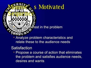 Monroe’s Motivated Sequence Attention Create interest in the problem Need Analyze problem characteristics and relate these to the audience needs Satisfaction  Propose a course of action that eliminates the problem and satisfies audience needs, desires and wants 
