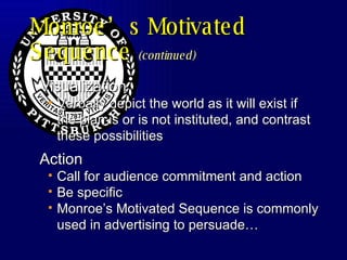 Monroe’s Motivated Sequence  (continued) Visualization Verbally depict the world as it will exist if the plan is or is not instituted, and contrast these possibilities Action Call for audience commitment and action Be specific Monroe’s Motivated Sequence is commonly used in advertising to persuade… 