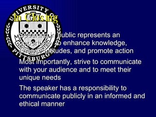 In Closing Speaking in public represents an opportunity to enhance knowledge, change attitudes, and promote action Most importantly, strive to communicate with your audience and to meet their unique needs The speaker has a responsibility to communicate publicly in an informed and ethical manner   