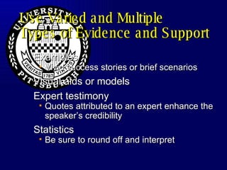 Use Varied and Multiple Types of Evidence and Support Examples  Vivid success stories or brief scenarios Visual aids or models Expert testimony Quotes attributed to an expert enhance the speaker’s credibility Statistics  Be sure to round off and interpret 