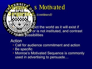 Monroe’s Motivated Sequence  (continued) Visualization Verbally depict the world as it will exist if the plan is or is not instituted, and contrast these possibilities Action Call for audience commitment and action Be specific Monroe’s Motivated Sequence is commonly used in advertising to persuade… 