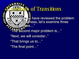 Examples of Transitions “Now that we have reviewed the problem of homelessness, let’s examine three main causes…” “The second major problem is…” “Next, we will consider..” “That brings us to…” “The final point…” 