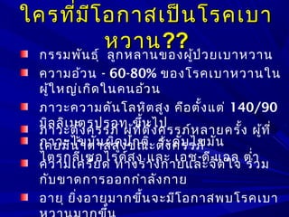 ใครที่มีโอกาสเป็นโรคเบาใครที่มีโอกาสเป็นโรคเบา
หวานหวาน????
กรรมพันธุ์ ลูกหลานของผู้ป่วยเบาหวาน
ความอ้วน - 60-80% ของโรคเบาหวานใน
ผู้ใหญ่เกิดในคนอ้วน
ภาวะความดันโลหิตสูง คือตั้งแต่ 140/90
มิลลิเมตรปรอท ขึ้นไป
ภาวะไขมันผิดปกติ ระดับไขมัน
ไตรกลีเซอไรด์สูง และ เอช-ดี-แอล ตำ่า
ภาวะตั้งครรภ์ ผู้ที่ตั้งครรภ์หลายครั้ง ผู้ที่
เคยมีนำ้าตาลสูงขณะตั้งครรภ์
ความเครียด ทางร่างกายและจิตใจ ร่วม
กับขาดการออกกำาลังกาย
อายุ ยิ่งอายุมากขึ้นจะมีโอกาสพบโรคเบา
 