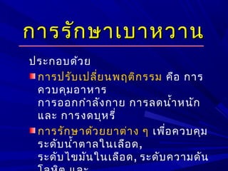 การรักษาเบาหวานการรักษาเบาหวาน
ประกอบด้วย
การปรับเปลี่ยนพฤติกรรม คือ การ
ควบคุมอาหาร
การออกกำาลังกาย การลดนำ้าหนัก
และ การงดบุหรี่
การรักษาด้วยยาต่าง ๆ เพื่อควบคุม
ระดับนำ้าตาลในเลือด,
ระดับไขมันในเลือด, ระดับความดัน
 