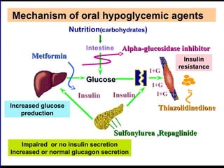 Mechanism of oral hypoglycemic agents
GlucoseGlucose
Impaired or no insulin secretion
Increased or normal glucagon secretion
Increased glucose
production
Insulin
resistance
Nutrition(carbohydrates)
Sulfonylurea ,RepaglinideSulfonylurea ,Repaglinide
MetforminMetformin
Alpha-glucosidase inhibitorAlpha-glucosidase inhibitorIntestine
I+G
I+G
I+GInsulin Insulin
ThiazolidinedioneThiazolidinedione
 