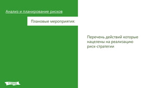 Анализ и планирование рисков
Плановые мероприятия:
Перечень действий которые
нацелены на реализацию
риск-стратегии
 