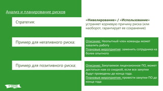 Анализ и планирование рисков
Стратегия:
«Нивелирование» / «Использование»
устраняет корневую причину риска (или
наоборот, гарантирует ее сохранение)
Описание: Неопытный член команды может
завалить работу
Плановые мероприятия: заменить сотрудника на
более опытного
Пример для негативного риска:
Пример для позитивного риска: Описание: Закупаемое лицензионное ПО, может
достаться нам со скидкой, если все закупки
будут проведены до конца года.
Плановые мероприятия: провести закупки ПО до
конца года
 