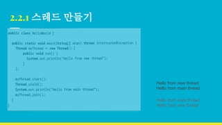 2.2.1 스레드 만들기
Hello from new thread
Hello from main thread
Hello from main thread
Hello from new thread
 