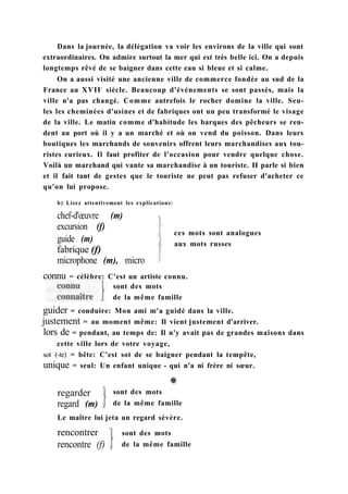 Dans la journée, la délégation va voir les environs de la ville qui sont
extraordinaires. On admire surtout la mer qui est très belle ici. On a depuis
longtemps rêvé de se baigner dans cette eau si bleue et si calme.
On a aussi visité une ancienne ville de commerce fondée au sud de la
France au XVIIe
siècle. Beaucoup d'événements se sont passés, mais la
ville n'a pas changé. Comme autrefois le rocher domine la ville. Seu-
les les cheminées d'usines et de fabriques ont un peu transformé le visage
de la ville. Le matin comme d'habitude les barques des pêcheurs se ren-
dent au port où il y a un marché et où on vend du poisson. Dans leurs
boutiques les marchands de souvenirs offrent leurs marchandises aux tou-
ristes curieux. Il faut profiter de l'occasion pour vendre quelque chose.
Voilà un marchand qui vante sa marchandise à un touriste. II parle si bien
et il fait tant de gestes que le touriste ne peut pas refuser d'acheter ce
qu'on lui propose.
b) Lisez attentivement les explications:
chef-d'œuvre (m)
excursion (f)
guide (m)
fabrique (f)
microphone (m), micro
ces mots sont analogues
aux mots russes
guider = conduire: Mon ami m'a guidé dans la ville.
justement = au moment même: Il vient justement d'arriver.
lors de = pendant, au temps de: Il n'y avait pas de grandes maisons dans
cette ville lors de votre voyage,
sot (-te) = bête: C'est sot de se baigner pendant la tempête,
unique = seul: Un enfant unique - qui n'a ni frère ni sœur.
sont des mots
de la même famille
regarder
regard (m)
Le maître lui jeta un regard sévère.
rencontrer
rencontre (f)
sont des mots
de la même famille
sont des mots
de la même famille
connu = célèbre: C'est un artiste connu.
 