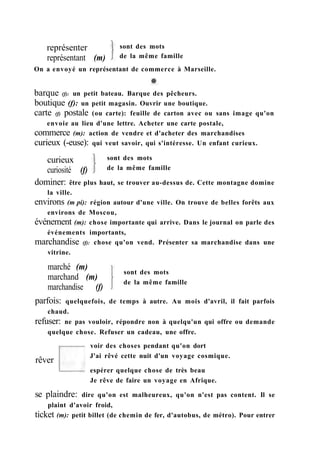 barque (f): un petit bateau. Barque des pêcheurs.
boutique (f): un petit magasin. Ouvrir une boutique.
carte (f) postale (ou carte): feuille de carton avec ou sans image qu'on
envoie au lieu d'une lettre. Acheter une carte postale,
commerce (m): action de vendre et d'acheter des marchandises
curieux (-euse): qui veut savoir, qui s'intéresse. Un enfant curieux.
curieux
curiosité (f)
sont des mots
de la même famille
dominer: être plus haut, se trouver au-dessus de. Cette montagne domine
la ville.
environs (m pi): région autour d'une ville. On trouve de belles forêts aux
environs de Moscou,
événement (m): chose importante qui arrive. Dans le journal on parle des
événements importants,
marchandise (f): chose qu'on vend. Présenter sa marchandise dans une
vitrine.
marché (m)
marchand (m)
marchandise (f)
sont des mots
de la même famille
parfois: quelquefois, de temps à autre. Au mois d'avril, il fait parfois
chaud.
refuser: ne pas vouloir, répondre non à quelqu'un qui offre ou demande
quelque chose. Refuser un cadeau, une offre.
voir des choses pendant qu'on dort
J'ai rêvé cette nuit d'un voyage cosmique.
espérer quelque chose de très beau
Je rêve de faire un voyage en Afrique.
se plaindre: dire qu'on est malheureux, qu'on n'est pas content. Il se
plaint d'avoir froid,
ticket (m): petit billet (de chemin de fer, d'autobus, de métro). Pour entrer
rêver
représenter
représentant (m)
sont des mots
de la même famille
On a envoyé un représentant de commerce à Marseille.
 