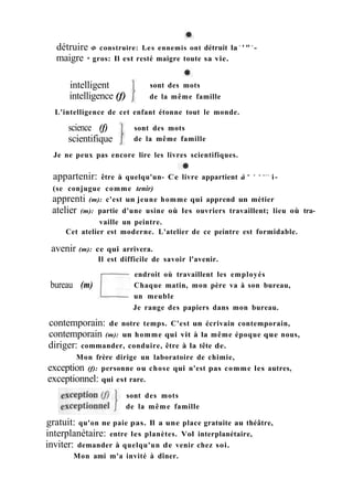 détruire Ф construire: Les ennemis ont détruit la v
' " e
-
maigre * gros: Il est resté maigre toute sa vie.
intelligent
intelligence (f)
sont des mots
de la même famille
L'intelligence de cet enfant étonne tout le monde.
science (f)
scientifique
sont des mots
de la même famille
Je ne peux pas encore lire les livres scientifiques.
appartenir: être à quelqu'un- Ce livre appartient à m o n a r r ,
i -
(se conjugue comme tenir)
apprenti (m): c'est un jeune homme qui apprend un métier
atelier (m): partie d'une usine où les ouvriers travaillent; lieu où tra-
vaille un peintre.
Cet atelier est moderne. L'atelier de ce peintre est formidable.
avenir (m): ce qui arrivera.
Il est difficile de savoir l'avenir.
endroit où travaillent les employés
Chaque matin, mon père va à son bureau,
un meuble
Je range des papiers dans mon bureau.
bureau (m)
contemporain: de notre temps. C'est un écrivain contemporain,
contemporain (m): un homme qui vit à la même époque que nous,
diriger: commander, conduire, être à la tête de.
Mon frère dirige un laboratoire de chimie,
exception (f): personne ou chose qui n'est pas comme les autres,
exceptionnel: qui est rare.
sont des mots
de la même famille
gratuit: qu'on ne paie pas. Il a une place gratuite au théâtre,
interplanétaire: entre les planètes. Vol interplanétaire,
inviter: demander à quelqu'un de venir chez soi.
Mon ami m'a invité à dîner.
 