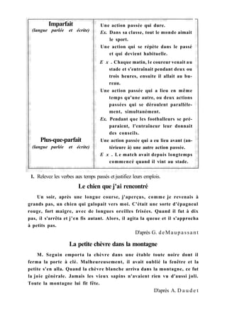 Imparfait
(langue parlée et écrite)
Plus-que-parfait
(langue parlée et écrite)
Une action passée qui dure.
Ex. Dans sa classe, tout le monde aimait
le sport.
Une action qui se répète dans le passé
et qui devient habituelle.
E x . Chaque matin, le coureur venait au
stade et s'entraînait pendant deux ou
trois heures, ensuite il allait au bu-
reau.
Une action passée qui a lieu en même
temps qu'une autre, ou deux actions
passées qui se déroulent parallèle-
ment, simultanément.
Ex. Pendant que les footballeurs se pré-
paraient, l'entraîneur leur donnait
des conseils.
Une action passée qui a eu lieu avant (an-
térieure à) une autre action passée.
E x . L e match avait depuis longtemps
commencé quand il vint au stade.
1. Relevez les verbes aux temps passés et justifiez leurs emplois.
Le chien que j'ai rencontré
Un soir, après une longue course, j'aperçus, comme je revenais à
grands pas, un chien qui galopait vers moi. C'était une sorte d'épagneul
rouge, fort maigre, avec de longues oreilles frisées. Quand il fut à dix
pas, il s'arrêta et j'en fis autant. Alors, il agita la queue et il s'approcha
à petits pas.
D'après G. d e M a u p a s s a n t
La petite chèvre dans la montagne
M. Seguin emporta la chèvre dans une étable toute noire dont il
ferma la porte à clé. Malheureusement, il avait oublié la fenêtre et la
petite s'en alla. Quand la chèvre blanche arriva dans la montagne, ce fut
la joie générale. Jamais les vieux sapins n'avaient rien vu d'aussi joli.
Toute la montagne lui fit fête.
D'après A. D a u d e t
 