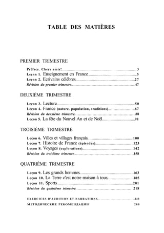 TABLE DES MATIÈRES
PREMIER TRIMESTRE
Préface. Chers amis! 3
Leçon 1. Enseignement en France 5
Leçon 2. Ecrivains célèbres 27
Révision du premier trimestre 47
DEUXIÈME TRIMESTRE
Leçon 3. Lecture 50
Leçon 4. France (nature, population, traditions) 67
Révision du deuxième trimestre 88
Leçon 5. La fête du Nouvel An et de Noël 91
TROISIÈME TRIMESTRE
Leçon 6. Villes et villages français 100
Leçon 7. Histoire de France (épisodes) 123
Leçon 8. Voyages (explorations) 142
Révision du troisième trimestre 158
QUATRIÈME TRIMESTRE
Leçon 9. Les grands hommes 163
Leçon 10. La Terre c'est notre maison à tous 185
Leçon 11. Sports 201
Révision du quatrième trimestre 218
E X E R C I C E S D ' A U D I T I O N ET N A R R A T I O N S 223
МЕТОДИЧЕСКИЕ РЕКОМЕНДАЦИИ 280
 