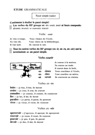 ETUDE GRAMMATICALE
Verbe venir
Je vins à temps. Nous vînmes de l'école.
Tu vins tôt. Vous vîntes de la bibliothèque.
Il vint tard. Ils vinrent le soir.
Je courus à la maison.
Tu courus au stade.
Il courut dans la forêt,
-ûmes Nous courûmes à l'école,
-ûtes Vous courûtes au métro,
-urent Ils coururent au cinéma.
Verbes en -re
boire — je bus, il but, ils burent
croire — j e crus, il crut, ils crurent
connaître — je connus, il connut, ils connurent
lire — je lus, il lut, ils lurent
paraître — j e parus, il parut, ils parurent
vivre — je vécus, il vécut, ils vécurent
Verbes en -oir
apercevoir —j'aperçus, il aperçut, ils aperçurent
recevoir — je reçus, il reçut, ils reçurent
pouvoir — je pus, il put, ils purent
devoir — je dus, il dut, ils durent
 