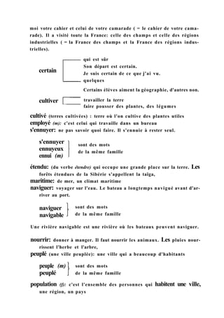 moi votre cahier et celui de votre camarade ( = le cahier de votre cama-
rade). Il a visité toute la France: celle des champs et celle des régions
industrielles ( = la France des champs et la France des régions indus-
trielles).
certain
cultiver
qui est sûr
Son départ est certain.
Je suis certain de ce que j'ai vu.
quelques
Certains élèves aiment la géographie, d'autres non.
travailler la terre
faire pousser des plantes, des légumes
cultivé (terres cultivées) : terre où l'on cultive des plantes utiles
employé (m): c'est celui qui travaille dans un bureau
s'ennuyer: ne pas savoir quoi faire. Il s'ennuie à rester seul.
s'ennuyer
ennuyeux
ennui (m)
sont des mots
de la même famille
étendu: (du verbe étendre) qui occupe une grande place sur la terre. Les
forêts étendues de la Sibérie s'appellent la taïga,
maritime: de mer, un climat maritime
naviguer: voyager sur l'eau. Le bateau a longtemps navigué avant d'ar-
river au port.
naviguer
navigable
sont des mots
de la même famille
Une rivière navigable est une rivière où les bateaux peuvent naviguer.
nourrir: donner à manger. Il faut nourrir les animaux. Les pluies nour-
rissent l'herbe et l'arbre,
peuplé (une ville peuplée): une ville qui a beaucoup d'habitants
peuple (m)
peuplé
sont des mots
de la même famille
population (f): c'est l'ensemble des personnes qui habitent une ville,
une région, un pays
 