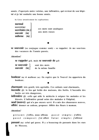 année. J'aperçois notre voisine, une infirmière, qui revient de son hôpi-
tal et je lui souhaite une bonne année.
b) Lisez attentivement les explications:
normal
secret(m)
secrétaire (m )
souvenir (m)
uniforme (m)
ces mots sont analogues
aux mots russes
se souvenir (se conjugue comme venir) - se rappeler: Je me souviens
des vacances de l'année passée.
Attention!
se rappeler qch, mais se souvenir de qch
bonheur (m) Ф malheur (m): On espère que le Nouvel An apportera du
bonheur.
charmant: très gentil, très agréable. Ces enfants sont charmants,
incendie (f): le feu qui brûle des maisons, des forêts. L'incendie des
forêts est très dangereux,
infirmière (f): celle qui aide le médecin à soigner les malades et les
blessés. L'infirmière prend soins des malades à l'hôpital,
neuf (neuve): qui n'a pas encore servi. Il a mis des chaussures neuves,
offrir: donner en cadeau, proposer. Offrir des fleurs à maman.
Attention!
p r é s e n t : j'offre, nous offrons p a s s é s i m p l e : j'offris
p a s s é c o m p o s é : j'ai offert f u t u r s i m p l e : j'offrirai
passant (m): celui qui passe. Il y a beaucoup de passants dans les rues
de Moscou.
sont des mots
de la même famille
se souvenir
souvenir (m)
 