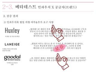 3. 검증 결과
베타테스트 인파우치 X 공급자(브랜드)
1) 인파우치와 협업 의향 여부&추가 요구 사항
마케팅 팀 담당자(메일)
마케팅 커뮤니케이션팀
담당자(전화)
마케팅 팀 담당자
전화
„네, 어플만 제대로 개발되면 하겠습니다. 단순 광고가 아닌 영향력
있는 영상 콘텐츠를 통해 소셜마케팅할 수 있어서 좋은 것 같습니다“
„협찬해드린 제품의 본품 가격이 꽤 나가서(30ml, 43,000원) 구독자
분들이 쓰시기에 부담스러운 가격일텐데...이렇게 샘플로 제공할 수
있게 되어서 너무 좋았어요! 소비자들 댓글보니까..반응이
좋더라고요~ 얼른 어플이 정식으로 나왔으면 좋겠습니다.“
„협업의 여부는 앞으로 좀 더 지켜본 후 결정해야 할 것 같아요.
지금은 확실하게 말씀드리기 어렵습니다..그런데 첫 번째
베타테스트의 소비자반응만 놓고 보면.. 아마 하지 않을까
싶은데요(웃음)“
 