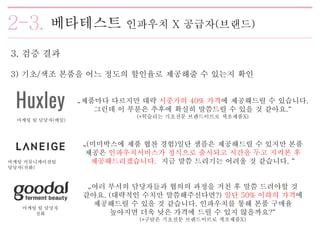 3. 검증 결과
베타테스트 인파우치 X 공급자(브랜드)
3) 기초/색조 본품을 어느 정도의 할인율로 제공해줄 수 있는지 확인
마케팅 팀 담당자(메일)
마케팅 커뮤니케이션팀
담당자(전화)
마케팅 팀 담당자
전화
„제품마다 다르지만 대략 시중가의 40% 가격에 제공해드릴 수 있습니다.
그런데 이 부분은 추후에 확실히 말씀드릴 수 있을 것 같아요.“
(*헉슬리는 기초전문 브랜드이므로 색조제품X)
„(미미박스에 제품 협찬 경험)일단 샘플은 제공해드릴 수 있지만 본품
제공은 인파우치서비스가 정식으로 출시되고 시간을 두고 지켜본 후
제공해드리겠습니다. 지금 말씀 드리기는 어려울 것 같습니다. “
„여러 부서의 담당자들과 협의의 과정을 거친 후 말씀 드려야할 것
같아요. (대략적인 수치만 말씀해주신다면?) 일단 50% 이하의 가격에
제공해드릴 수 있을 것 같습니다. 인파우치를 통해 본품 구매율
높아지면 더욱 낮은 가격에 드릴 수 있지 않을까요?“
(*구달은 기초전문 브랜드이므로 색조제품X)
 