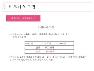 비즈니스 모델
뷰티 최저가 + v커머스 서비스 경쟁어플 ‘우먼스톡’의 사례 참고
- 1달에 약 2만명
(구독자 3-4만명 사이의 뷰투버들 최소 10명 이상과 협력하여 어플 홍보 진행하는
것 고려하지 않았음으로 매우 보수적으로 책정)
우먼스톡 3년만에 700000명
1년에 233333명
1달에 19444명
 