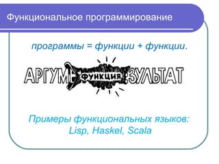Функциональное программирование
программы = функции + функции.
Примеры функциональных языков:
Lisp, Haskel, Scala
 