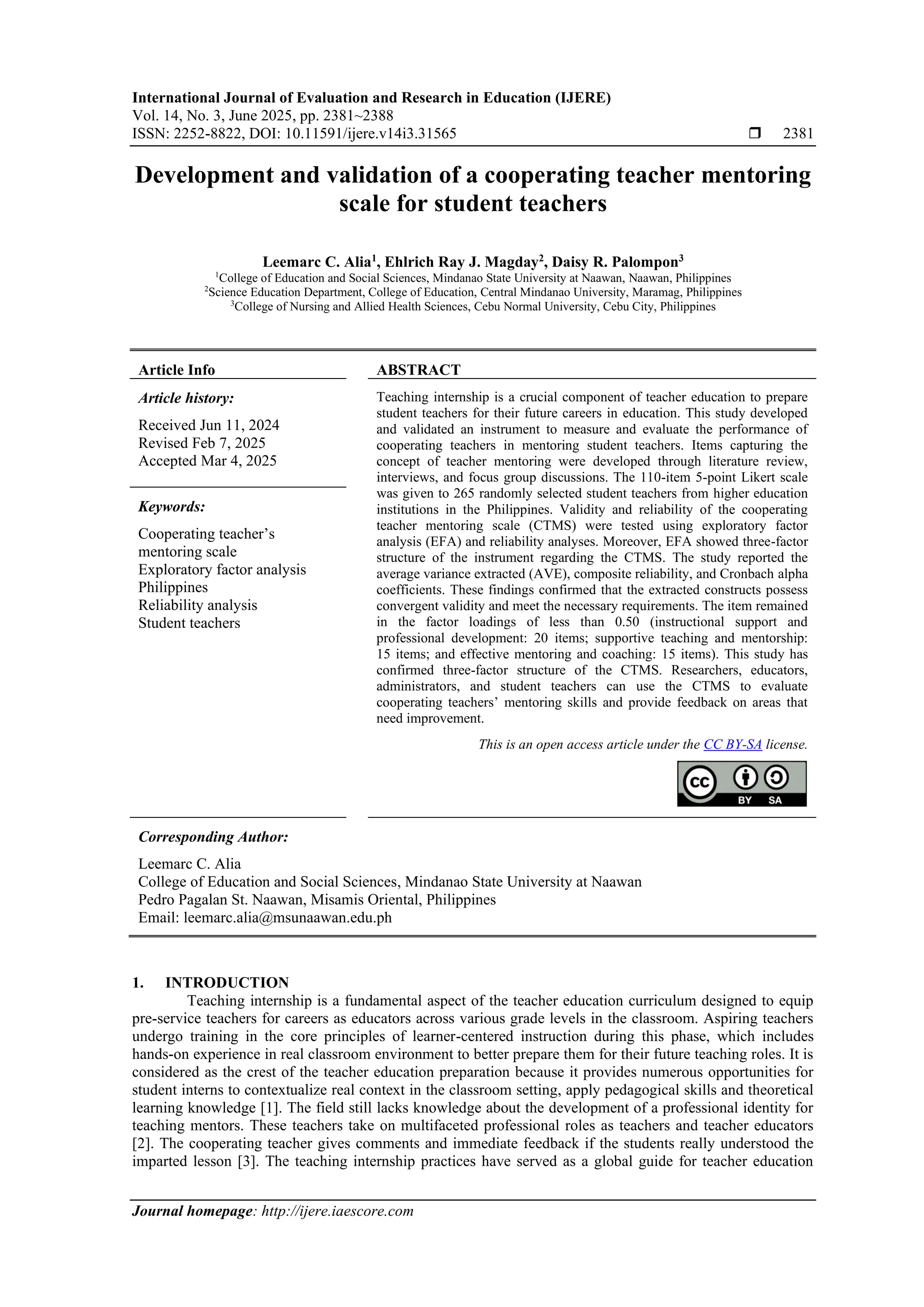 Development and validation of a cooperating teacher mentoring scale for ...