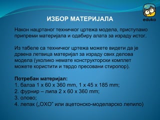 Након нацртаног техничког цртежа модела, приступамо
припреми материјала и одабиру алата за израду истог.
Из табеле са техничког цртежа можете видети да је
дрвена летвица материјал за израду свих делова
модела (уколико немате конструкторски комплет
можете користити и тврдо пресовани стиропор).
Потребан материјал:
1. балза 1 х 60 х 360 mm, 1 х 45 х 185 mm;
2. фурнир – липа 2 х 60 х 360 mm;
3. олово;
4. лепак („ОХО” или ацетонско-моделарско лепило)
ИЗБОР МАТЕРИЈАЛА
 