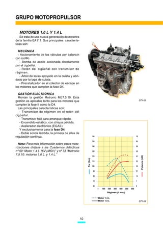GRUPO MOTOPROPULSOR

  MOTORES 1.0 L Y 1.4 L
    Se trata de una nueva generación de motores
de la familia EA111. Sus principales caracterís-
ticas son:

  MECÁNICA
  - Accionamiento de las válvulas por balancín
con rodillo.
   - Bomba de aceite accionada directamente
por el cigüeñal.
   - Retén del cigüeñal con transmisor de
régimen.
   - Árbol de levas apoyado en la culata y abri-
dado por la tapa de culata.
   - Precatalizador en el colector de escape en
los motores que cumplen la fase D4.

  GESTIÓN ELECTRÓNICA
  Montan la gestión Motronic ME7.5.10. Esta
gestión es aplicable tanto para los motores que                                               D71-05

cumplen la fase II como la D4.
  Las principales características son:
   - Transmisor de régimen en el retén del
cigüeñal.
   - Transmisor hall para arranque rápido.
   - Encendido estático, con chispa pérdida.
   - Acelerador electrónico (EGAS).
   Y exclusivamente para la fase D4:
   - Doble sonda lambda, la primera de ellas de
regulación continua.

  Nota: Para más información sobre estas moto-
rizaciones diríjase a los Cuadernos didácticos
nº 59 “Motor 1.4 L 16V (MSV)” y nº 73 “Motronic
7.5.10: motores 1.0 L. y 1.4 L.”
                                                                                                Potencia (kW)
                                                        Par (Nm)




                                            Â




                                                                           Régimen (1 min.)

                                                                   Motor 1.4 L
                                                                   Motor 1.0 L                D71-06




                                                   10
 