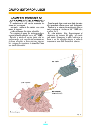 GRUPO MOTOPROPULSOR

 AJUSTE DEL MECANISMO DE
ACCIONAMIENTO DEL CAMBIO 02J
   El accionamiento del cambio presenta las               Posteriormente debe presionarse el eje de selec-
siguientes novedades:                                  ción hacia abajo y fijarse con el codo de bloqueo.
   - conexión rápida de los cables con meca-              Finalmente la palanca de cambios se sitúa en
nismo de bloqueo.                                      punto muerto y se introduce el útil T10027 entre
   - codo de bloqueo del eje de selección.             el orificio A y B.
   Para realizar el ajuste del accionamiento es           En esta posición debe desenroscarse el
necesaria la utilización del nuevo útil T10027.        mecanismo de bloqueo del cable y el muelle
   Durante el ajuste el cambio debe estar en           hará presión bloqueando el cable; finalmente se
punto muerto; en la conexión de los cables con         libera el eje de selección girando el codo de
el eje de selección, se deben contraer los mue-        bloqueo y se saca el útil liberando la palanca.
lles y roscar el mecanismo de seguridad hasta
que quede bloqueado.




                                                                                                     A




                                                              Útil T10027



                                                                                                     B




                   Eje de selección




                                                              Mecanismo de
                                                              bloqueo del cable




 Codo de bloqueo

                                                                                                  D71-08




                                                  12
 