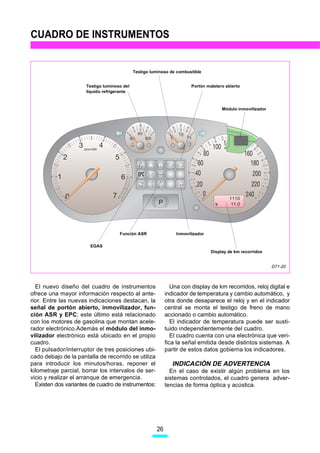 CUADRO DE INSTRUMENTOS


                                             Testigo luminoso de combustible


                      Testigo luminoso del                               Portón maletero abierto
                      líquido refrigerante



                                                                                       Módulo inmovilizador




                     rpmx1000                                                           k




                                                        ABS




                                     Función ASR                  Inmovilizador

                        EGAS
                                                                                  Display de km recorridos


                                                                                                              D71-20



  El nuevo diseño del cuadro de instrumentos                     Una con display de km recorridos, reloj digital e
ofrece una mayor información respecto al ante-                indicador de temperatura y cambio automático, y
rior. Entre las nuevas indicaciones destacan, la              otra donde desaparece el reloj y en el indicador
señal de portón abierto, inmovilizador, fun-                  central se monta el testigo de freno de mano
ción ASR y EPC; este último está relacionado                  accionado o cambio automático.
con los motores de gasolina que montan acele-                    El indicador de temperatura puede ser susti-
rador electrónico.Además el módulo del inmo-                  tuido independientemente del cuadro.
vilizador electrónico está ubicado en el propio                  El cuadro cuenta con una electrónica que veri-
cuadro.                                                       fica la señal emitida desde distintos sistemas. A
  El pulsador/interruptor de tres posiciones ubi-             partir de estos datos gobierna los indicadores.
cado debajo de la pantalla de recorrido se utiliza
para introducir los minutos/horas, reponer el                    INDICACIÓN DE ADVERTENCIA
kilometraje parcial, borrar los intervalos de ser-              En el caso de existir algún problema en los
vicio y realizar el arranque de emergencia.                   sistemas controlados, el cuadro genera adver-
  Existen dos variantes de cuadro de instrumentos:            tencias de forma óptica y acústica.




                                                       26
 