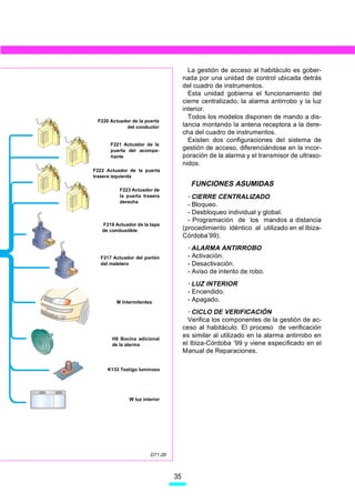 La gestión de acceso al habitáculo es gober-
                                     nada por una unidad de control ubicada detrás
                                     del cuadro de instrumentos.
                                       Esta unidad gobierna el funcionamiento del
                                     cierre centralizado, la alarma antirrobo y la luz
                                     interior.
                                       Todos los modelos disponen de mando a dis-
 F220 Actuador de la puerta
            del conductor            tancia montando la antena receptora a la dere-
                                     cha del cuadro de instrumentos.
                                       Existen dos configuraciones del sistema de
      F221 Actuador de la
      puerta del acompa-             gestión de acceso, diferenciándose en la incor-
      ñante                          poración de la alarma y el transmisor de ultraso-
                                     nidos.
F222 Actuador de la puerta
trasera izquierda
                                       FUNCIONES ASUMIDAS
          F223 Actuador de
          la puerta trasera            · CIERRE CENTRALIZADO
          derecha
                                       - Bloqueo.
                                       - Desbloqueo individual y global.
                                       - Programación de los mandos a distancia
   F219 Actuador de la tapa
   de combustible                    (procedimiento idéntico al utilizado en el Ibiza-
                                     Córdoba’99).
                                      · ALARMA ANTIRROBO
  F217 Actuador del portón            - Activación.
  del maletero                        - Desactivación.
                                      - Aviso de intento de robo.
                                      · LUZ INTERIOR
                                      - Encendido.
         M Intermitentes              - Apagado.
                                       · CICLO DE VERIFICACIÓN
                                       Verifica los componentes de la gestión de ac-
                                     ceso al habitáculo. El proceso de verificación
       H8 Bocina adicional
                                     es similar al utilizado en la alarma antirrobo en
       de la alarma                  el Ibiza-Córdoba ’99 y viene especificado en el
                                     Manual de Reparaciones.

     K133 Testigo luminoso




              W luz interior




                       D71-28



                                35
 