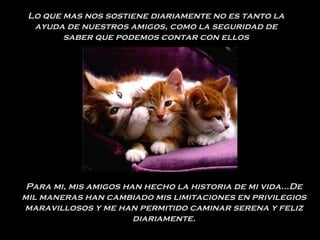Para mi, mis amigos han hecho la historia de mi vida...De mil maneras han cambiado mis limitaciones en privilegios maravillosos y me han permitido caminar serena y feliz diariamente. Lo que mas nos sostiene diariamente no es tanto la ayuda de nuestros amigos, como la seguridad de saber que podemos contar con ellos 