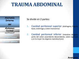 TRAUMA ABDOMINAL

  Anatomía
   Interna
                  Se divide en 2 partes:
     del
                  1. Cavidad peritoneal superior            (diafragma, hígado,
  Abdomen             bazo, estómago y colon transverso)
    Cavidad
  peritoneal
    Espacio       2. Cavidad peritoneal inferior             (intestino delgado,
retroperitoneal       parte del colon ascendente descendente, colon sigmoide
                      y en la mujer los órganos reproductivos)
Cavidad pélvica




                                                                   Anatomía
 