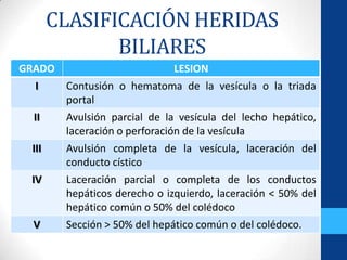 CLASIFICACIÓN HERIDAS
              BILIARES
GRADO                        LESION
  I     Contusión o hematoma de la vesícula o la triada
        portal
  II    Avulsión parcial de la vesícula del lecho hepático,
        laceración o perforación de la vesícula
 III    Avulsión completa de la vesícula, laceración del
        conducto cístico
 IV     Laceración parcial o completa de los conductos
        hepáticos derecho o izquierdo, laceración < 50% del
        hepático común o 50% del colédoco
  V     Sección > 50% del hepático común o del colédoco.
 