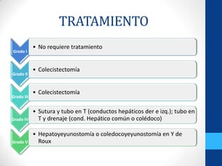 TRATAMIENTO
            • No requiere tratamiento
Grado I



            • Colecistectomía
Grado II



            • Colecistectomía
Grado III


            • Sutura y tubo en T (conductos hepáticos der e izq.); tubo en
Grado IV      T y drenaje (cond. Hepático común o colédoco)

            • Hepatoyeyunostomía o coledocoyeyunostomía en Y de
Grado V       Roux
 