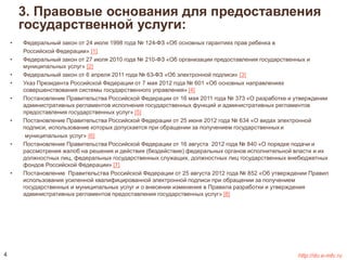 3. Правовые основания для предоставления 
государственной услуги: 
• Федеральный закон от 24 июля 1998 года № 124-ФЗ «Об основных гарантиях прав ребенка в 
Российской Федерации» [1] 
• Федеральный закон от 27 июля 2010 года № 210-ФЗ «Об организации предоставления государственных и 
муниципальных услуг» [2] 
• Федеральный закон от 6 апреля 2011 года № 63-ФЗ «Об электронной подписи» [3] 
• Указ Президента Российской Федерации от 7 мая 2012 года № 601 «Об основных направлениях 
совершенствования системы государственного управления» [4] 
• Постановление Правительства Российской Федерации от 16 мая 2011 года № 373 «О разработке и утверждении 
административных регламентов исполнения государственных функций и административных регламентов 
предоставления государственных услуг» [5] 
• Постановление Правительства Российской Федерации от 25 июня 2012 года № 634 «О видах электронной 
подписи, использование которых допускается при обращении за получением государственных и 
муниципальных услуг» [6] 
• Постановление Правительства Российской Федерации от 16 августа 2012 года № 840 «О порядке подачи и 
рассмотрения жалоб на решения и действия (бездействие) федеральных органов исполнительной власти и их 
должностных лиц, федеральных государственных служащих, должностных лиц государственных внебюджетных 
фондов Российской Федерации» [7] 
• Постановление Правительства Российской Федерации от 25 августа 2012 года № 852 «Об утверждении Правил 
использования усиленной квалифицированной электронной подписи при обращении за получением 
государственных и муниципальных услуг и о внесении изменения в Правила разработки и утверждения 
административных регламентов предоставления государственных услуг» [8] 
4 http://do.e-mfc.ru 
 