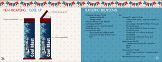 New Packaging : Close up Budgeting Breakdown
Packaging redesign: $70,000
-Equipment $60,000
-Design $10,000
Video Production Costs: $500,00
Kickoff gala: $100,000
Campaign tours in 5 cities $1,000,000
(@200,000 per city)
Contest Prizes: $500
-Years supply of Cool Blasts: $400
-Stickers (5,000 total @ $0.02 each)
$100
Ads:
National TV ads: $7,959,184
-4 Shows each airing 4 times per month for 4
months
-Once Upon a Time $159,160 per 30 sec spot
($2,546,560 total)
-The Good Wife $92,752 per 30 sec spot
($1,484,032 total)
-Family Guy $143,490 per 30 sec spot
($2,295,840)
-Shark Tank $102,047per 30 sec spot
($1,632,752)
Snapchat ads: $80,000
-1,000,000 views/month for 4 months at
$20.00
CPM
Facebook Ads: $79,200
-10,000 views/month for 12 months at $0.65
CPM
Miscellaneous Costs: $211,116
Convienent pop-up lid!
Thin package body!
Patriotic color scheme!
2726
 
