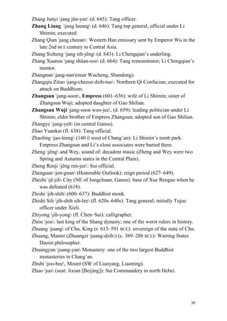 30
Zhang Junyi jang jün-yee (d. 645): Tang officer.
Zhang Liang jang leeang (d. 646): Tang top general, official under Li
Shimin; executed.
Zhang Qian jang cheean: Western Han emissary sent by Emperor Wu in the
late 2nd BCE century to Central Asia.
Zhang Sizheng jang sih-jêng (d. 643): Li Chengqian’s underling.
Zhang Xuansu jang shüan-soo (d. 664): Tang remonstrator; Li Chengqian’s
mentor.
Zhangnan jang-nan(near Wucheng, Shandong).
Zhangqiu Zituo jang-cheeoo dzih-tuo: Northern Qi Confucian; executed for
attack on Buddhism.
Zhangsun jang-soon, Empress (601–636): wife of Li Shimin; sister of
Zhangsun Wuji; adopted daughter of Gao Shilian.
Zhangsun Wuji jang-soon woo-jee, (d. 659): leading politician under Li
Shimin; elder brother of Empress Zhangsun; adopted son of Gao Shilian.
Zhangye jang-yeh (in central Gansu).
Zhao Yuankai (fl. 638): Tang official.
Zhaoling jao-leeng (140 li west of Chang’an): Li Shimin’s tomb park.
Empress Zhangsun and Li’s close associates were buried there.
Zheng jêng and Wey, sound of: decadent music (Zheng and Wey were two
Spring and Autumn states in the Central Plain).
Zheng Renji jêng ren-jee: Sui official.
Zhenguan jen-guan (Honorable Outlook): reign period (627–649).
Zhezhi jê-jih City (NE of Jungchuan, Gansu): base of Xue Rengao when he
was defeated (618).
Zhishi jih-shih (600–637): Buddhist monk.
Zhishi Sili jih-shih sih-lee (fl. 620s–640s): Tang general; initially Tujue
officer under Xieli.
Zhiyong jih-yong (fl. Chen–Sui): calligrapher.
Zhòu jou: last king of the Shang dynasty; one of the worst rulers in history.
Zhuang juang of Chu, King (r. 613–591 BCE): sovereign of the state of Chu.
Zhuang, Master (Zhuangzi juang-dzih) (c. 369–286 BCE): Warring States
Daoist philosopher.
Zhuangyan juang-yan Monastery: one of the two largest Buddhist
monasteries in Chang’an.
Zhubi joo-bee, Mount (SW of Liaoyang, Liaoning).
Zhuo juo (seat: Jixian [Beijing]): Sui Commandery in north Hebei.
 